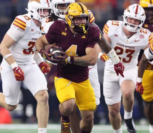 No. 15 Arizona State Smashes No. 16 Iowa State To Win Big 12 Title, CFP Berth Arizona State running back Cam Skattebo runs the ball against Texas in the Cotton Bowl.